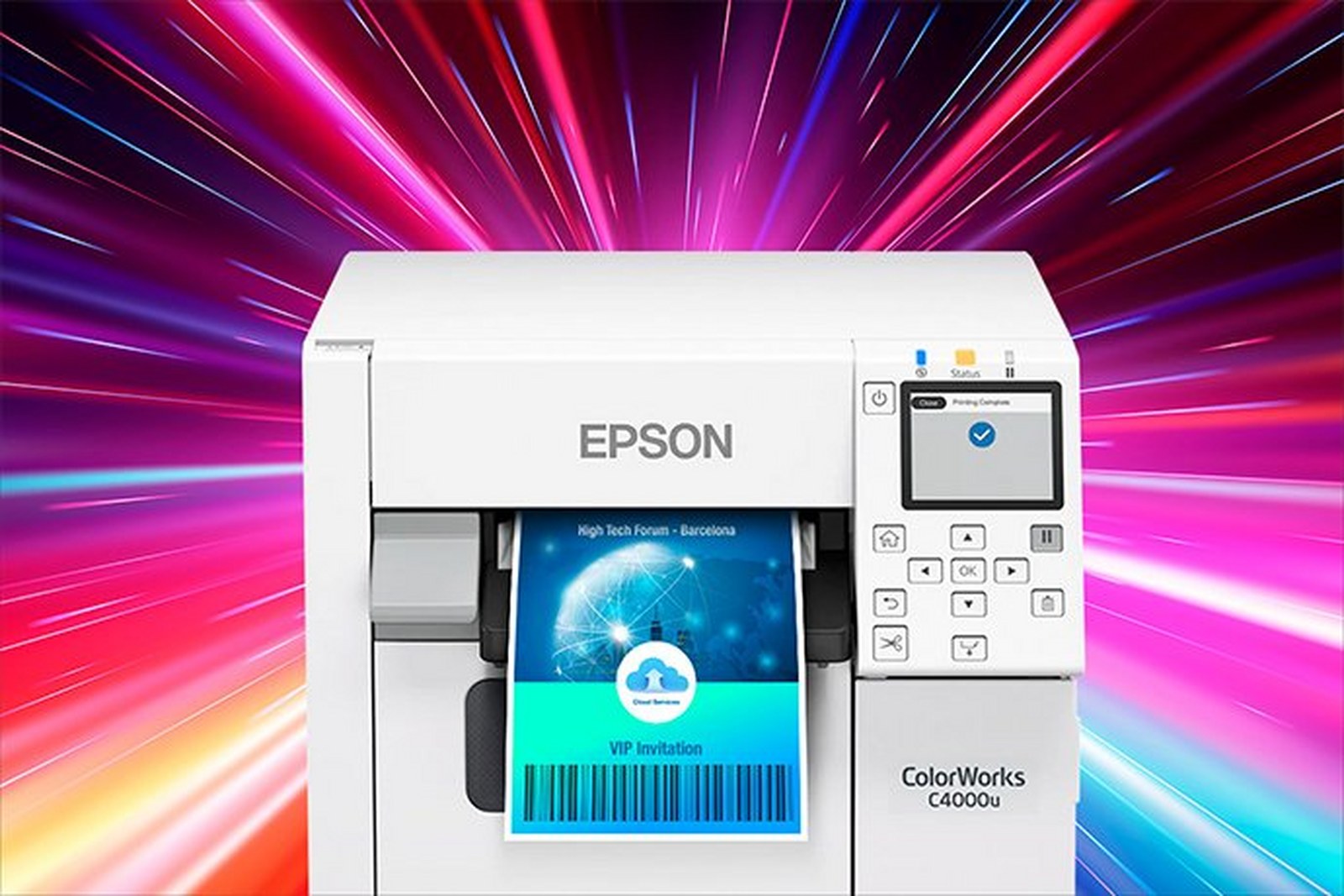 Przykłady kolorowych etykiet wydrukowanych na drukarce Epson ColorWorks — oznaczenia GHS z piktogramami, etykieta energetyczna UE, etykiety produktowe i półkowe