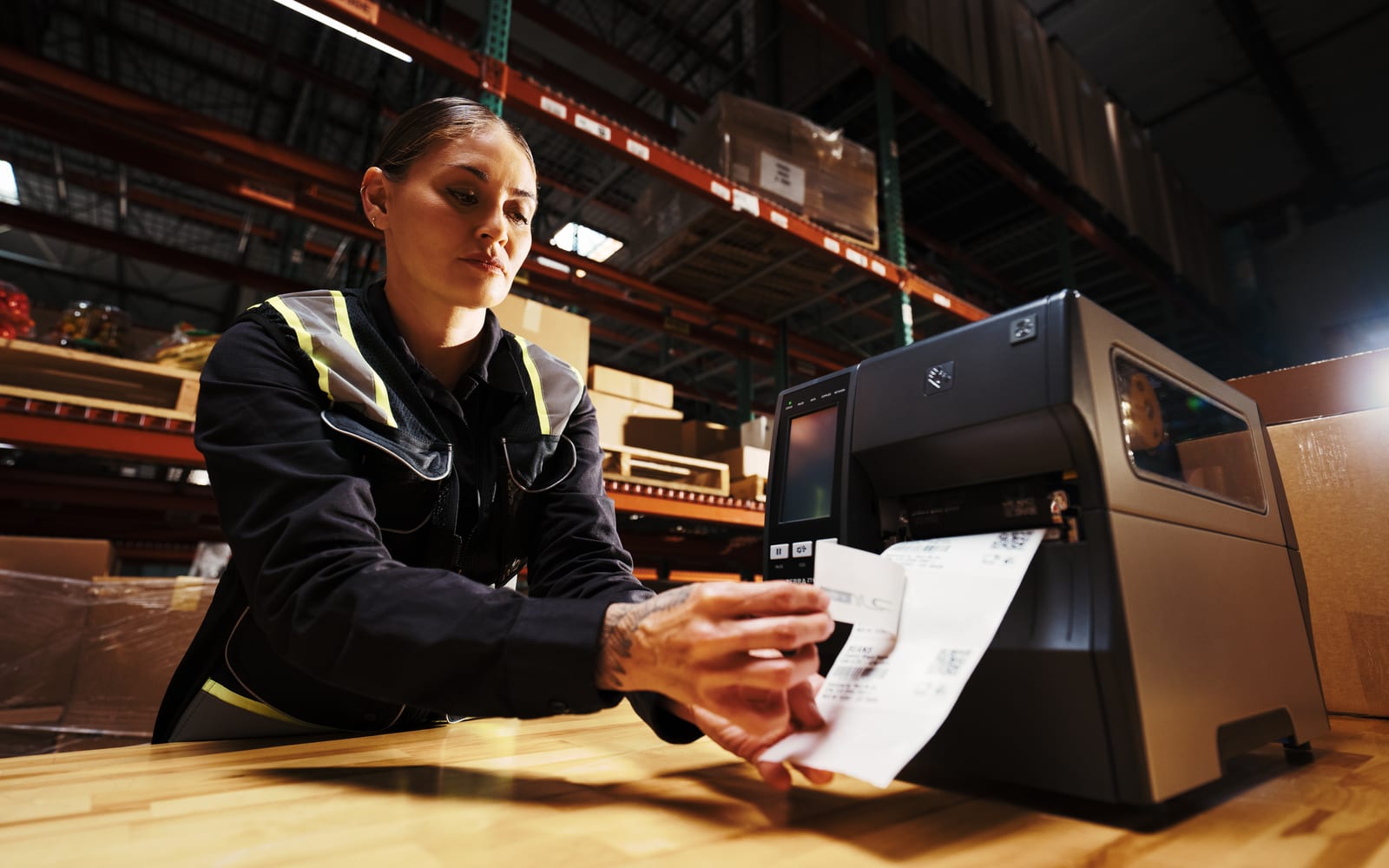 Pracownica magazynu odkleja świeżo wydrukowaną etykietę RFID z drukarki przemysłowej Zebra ZT411R