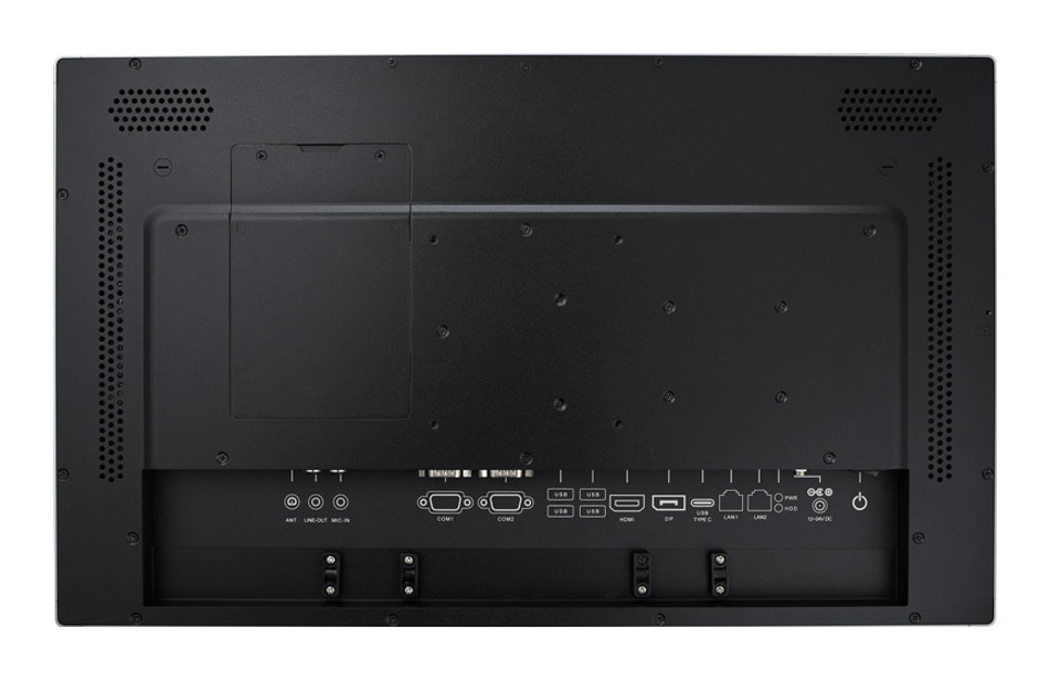 Tył UTC-520 — punkty VESA oraz pełna listwa złączy: USB, 2 × LAN, HDMI, DisplayPort i porty szeregowe