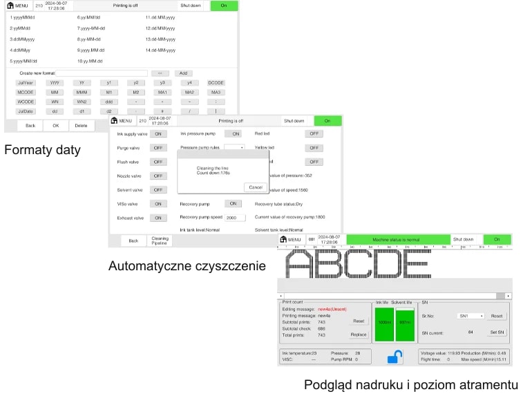 Ekrany sterownika: formaty daty, automatyczne czyszczenie, podgląd nadruku i poziomu atramentu