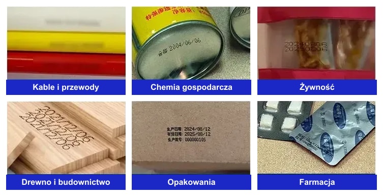 Przykłady nadruków w branżach: kable, chemia gospodarcza, żywność, drewno, opakowania, farmacja