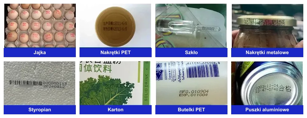 Przykładowe nadruki na materiałach: jajka, nakrętki, szkło, styropian, karton, butelki i puszki