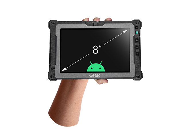 Dłoń trzymająca 8-calowy tablet Getac ZX80 z zaznaczoną przekątną ekranu